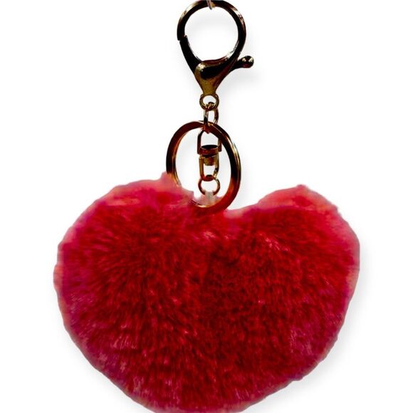 Pink Fuzzy Pom Pom Heart Handbag Accessories Gold Key Chain NEW - Picture 4 of 4